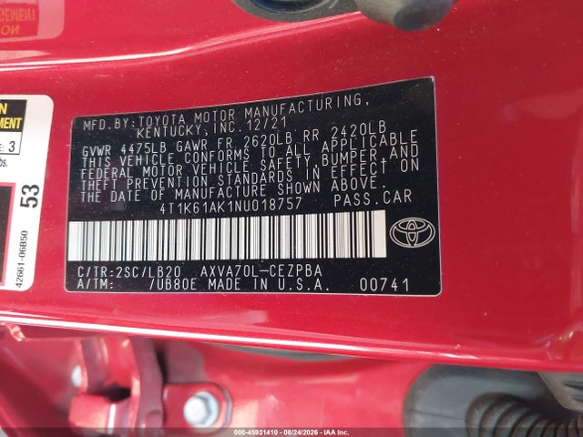 2022 Toyota Camry Xse მანქანა იყიდება აუქციონზე, vin: 4T1K61AK1NU018757, აუქციონის ნომერი: 45931410