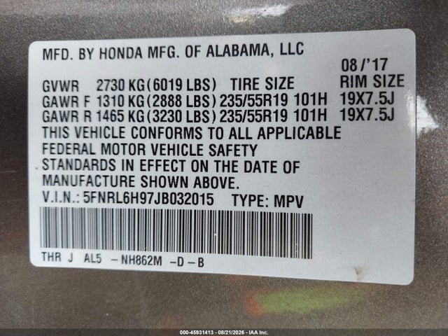45931413 :رقم المزاد ، 5FNRL6H97JB032015 vin ، 2018 Honda Odyssey Elite مزاد بيع