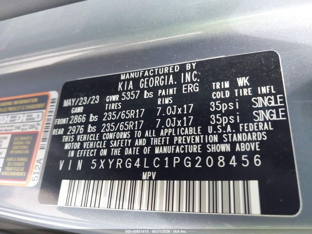 Aukcja sprzedaży 2023 Kia Sorento Lx, vin: 5XYRG4LC1PG208456, numer aukcji: 45931415