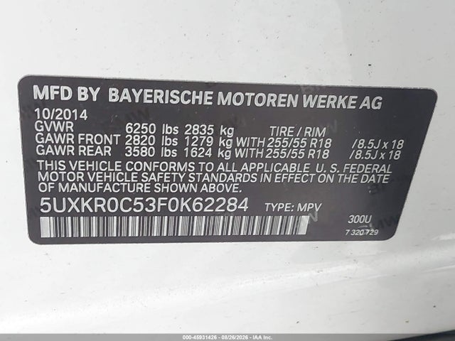 Aukcja sprzedaży 2015 Bmw X5 Xdrive35i, vin: 5UXKR0C53F0K62284, numer aukcji: 45931426