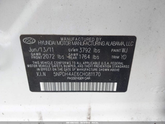 Продаж на аукціоні авто 2012 Hyundai Elantra Gls, vin: 5NPDH4AE6CH081170, номер лоту: 45931432