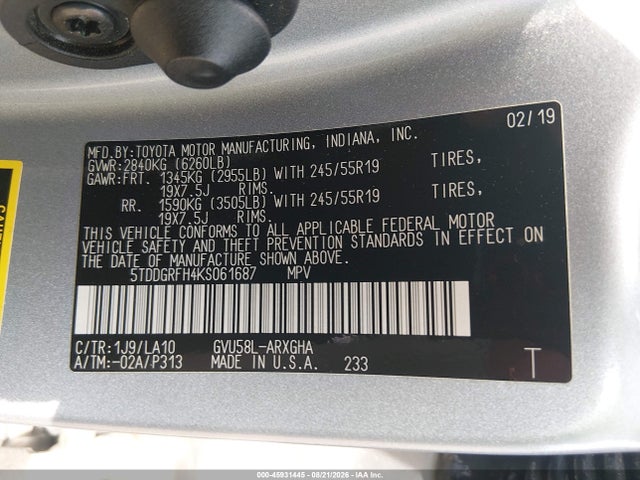 45931445 :رقم المزاد ، 5TDDGRFH4KS061687 vin ، 2019 Toyota Highlander Hybrid Limited Platinum مزاد بيع