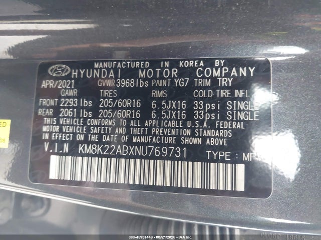 Aukcja sprzedaży 2022 Hyundai Kona Se, vin: KM8K22ABXNU769731, numer aukcji: 45931448