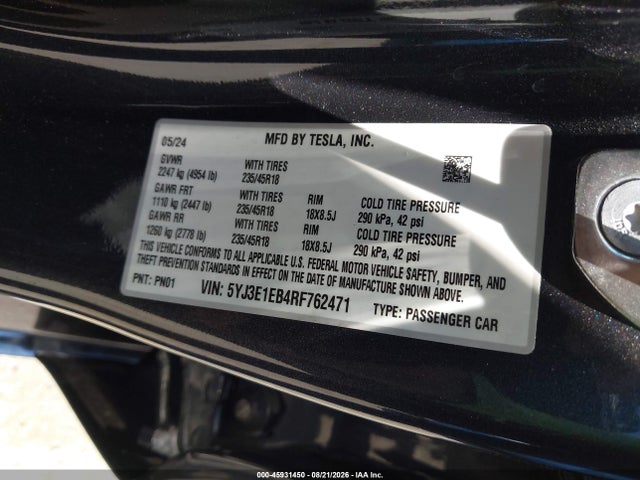 45931450 :رقم المزاد ، 5YJ3E1EB4RF762471 vin ، 2024 Tesla Model 3 Long Range Dual Motor All-wheel Drive مزاد بيع