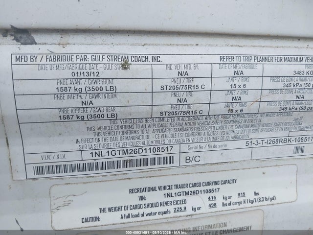 Auction sale of the 2013 Gulf Stream Innbruck, vin: 1NL1GTM26D1108517, lot number: 45931451