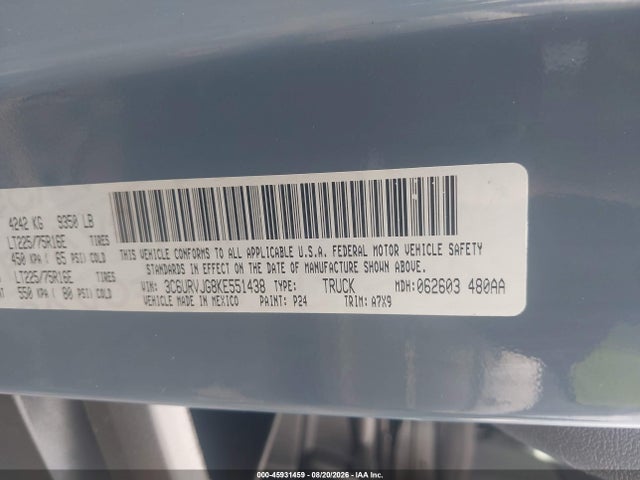 45931459 :رقم المزاد ، 3C6URVJG8KE551438 vin ، 2019 Ram Promaster 3500 Cargo Van High Roof 159 Wb Ext مزاد بيع
