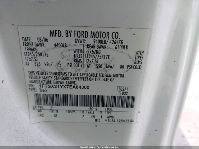 Продаж на аукціоні авто 2007 Ford F-250 Lariat/xl/xlt, vin: 1FTSX21YX7EA84300, номер лоту: 45931461