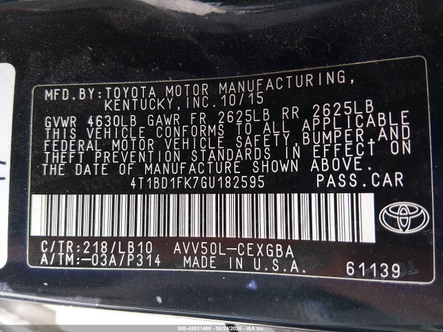 4T1BD1FK7GU182595 Toyota Camry Hybrid Xle