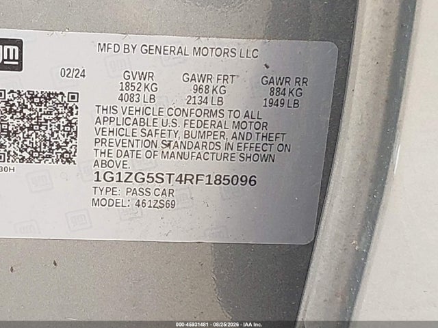 45931481 :رقم المزاد ، 1G1ZG5ST4RF185096 vin ، 2024 Chevrolet Malibu Fwd Rs مزاد بيع