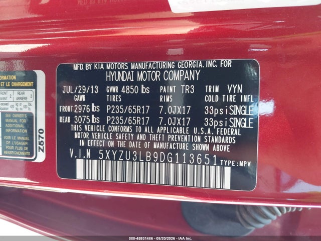 45931486 :رقم المزاد ، 5XYZU3LB9DG113651 vin ، 2013 Hyundai Santa Fe Sport مزاد بيع