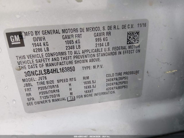 Продажа на аукционе авто 2017 Chevrolet Trax Lt, vin: 3GNCJLSB4HL163850, номер лота: 45931487