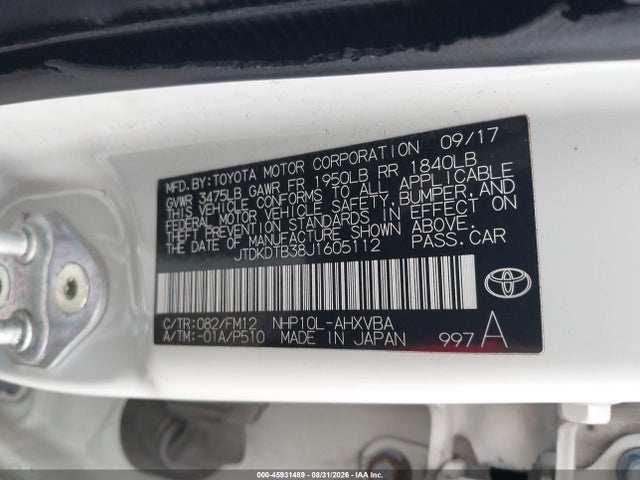 Aukcja sprzedaży 2018 Toyota Prius C Two, vin: JTDKDTB38J1605112, numer aukcji: 45931489