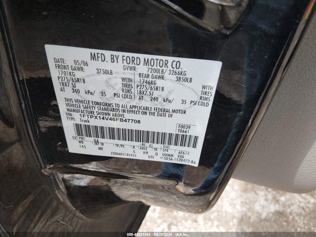 45931493 :رقم المزاد ، 1FTPX14V46FB47708 vin ، 2006 Ford F-150 Fx4/lariat/xl/xlt مزاد بيع