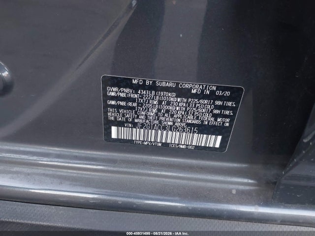 Aukcja sprzedaży 2020 Subaru Crosstrek Premium, vin: JF2GTACC3LG263615, numer aukcji: 45931495