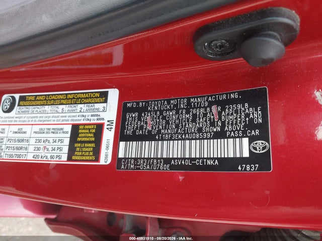 2010 Toyota Camry Le მანქანა იყიდება აუქციონზე, vin: 4T1BF3EK4AU085997, აუქციონის ნომერი: 45931510