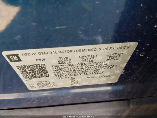 Продажа на аукционе авто 2019 Chevrolet Equinox Lt, vin: 3GNAXJEV6KL315117, номер лота: 45931518