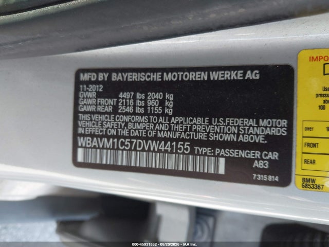Продажа на аукционе авто 2013 Bmw X1 Sdrive28i, vin: WBAVM1C57DVW44155, номер лота: 45931532