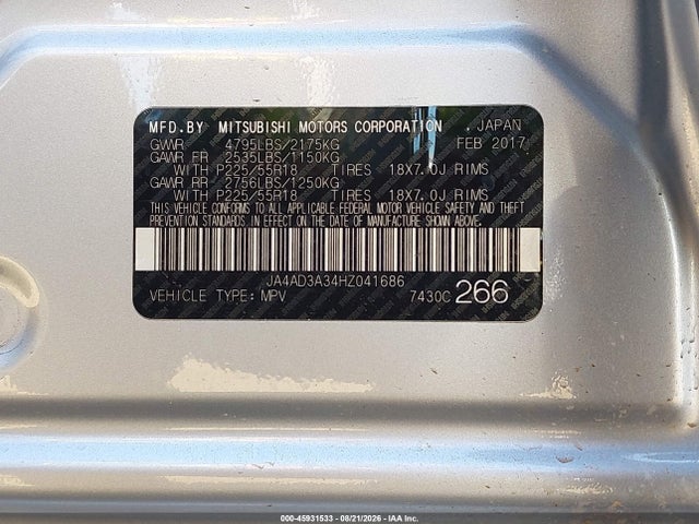 Mitsubishi Outlander Se/sel 2017 JA4AD3A34HZ041686 Image 9