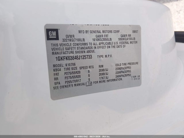 2008 Gmc Yukon Denali მანქანა იყიდება აუქციონზე, vin: 1GKFK63848J125733, აუქციონის ნომერი: 45931542