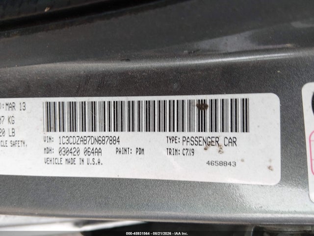 2013 Dodge Avenger Se მანქანა იყიდება აუქციონზე, vin: 1C3CDZAB7DN687884, აუქციონის ნომერი: 45931564