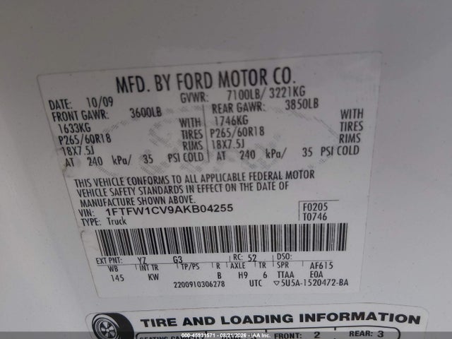 45931571 :رقم المزاد ، 1FTFW1CV9AKB04255 vin ، 2010 Ford F-150 Fx2 Sport/harley-davidson/king Ranch/lariat/platinum/xl/xlt مزاد بيع