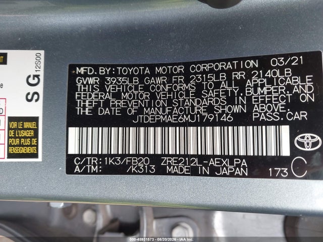 45931573 :رقم المزاد ، JTDEPMAE6MJ179146 vin ، 2021 Toyota Corolla Le مزاد بيع