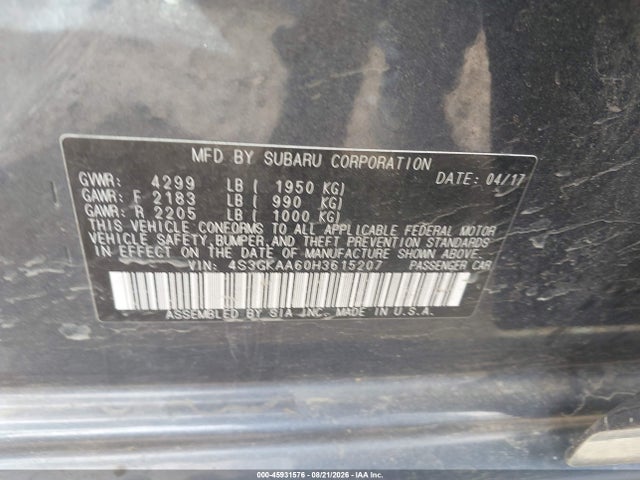 Aukcja sprzedaży 2017 Subaru Impreza 2.0i, vin: 4S3GKAA60H3615207, numer aukcji: 45931576