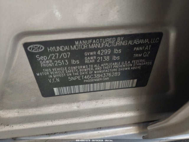 Продажа на аукционе авто 2008 Hyundai Sonata Gls, vin: 5NPET46C38H376289, номер лота: 45931579