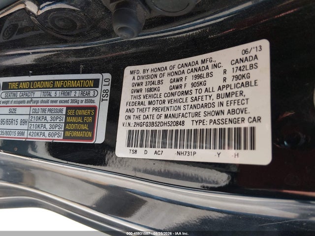 Продажа на аукционе авто 2013 Honda Civic Lx, vin: 2HGFG3B52DH520848, номер лота: 45931587