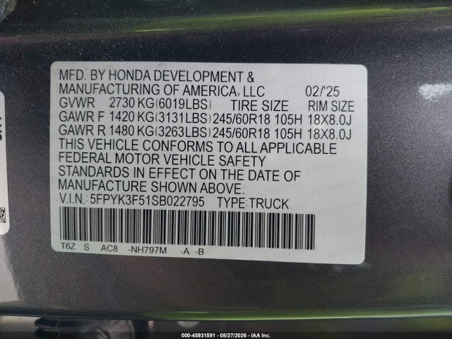 5FPYK3F51SB022795 Honda Ridgeline Rtl