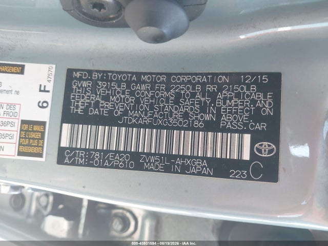 Продажа на аукционе авто 2016 Toyota Prius Four, vin: JTDKARFUXG3502186, номер лота: 45931594