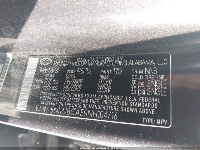 2022 Hyundai Tucson Sel მანქანა იყიდება აუქციონზე, vin: 5NMJBCAE0NH104716, აუქციონის ნომერი: 45931597