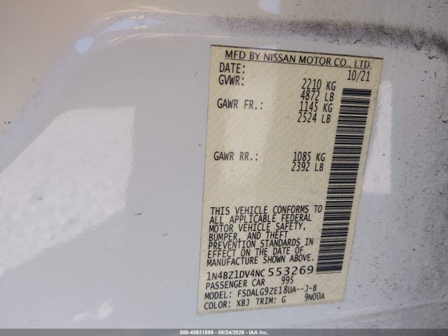 45931599 :رقم المزاد ، 1N4BZ1DV4NC553269 vin ، 2022 Nissan Leaf Sl Plus 62 Kwh مزاد بيع