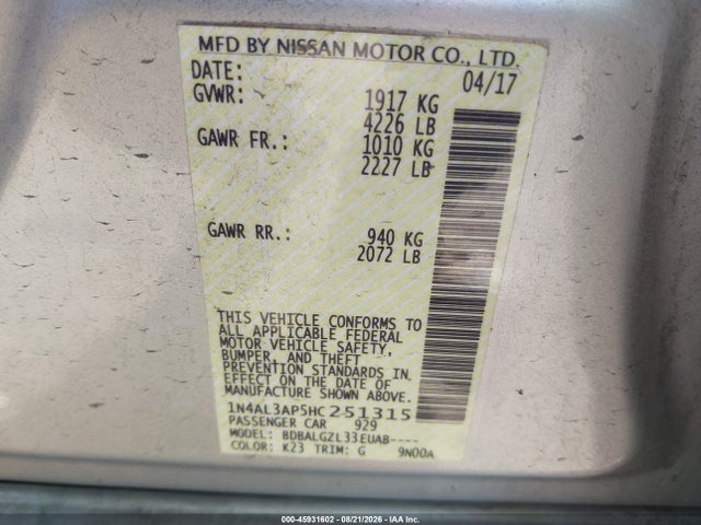 Продажа на аукционе авто 2017 Nissan Altima 2.5 S, vin: 1N4AL3AP5HC251315, номер лота: 45931602