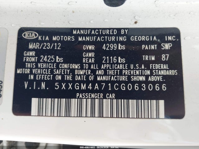 2012 Kia Optima Lx მანქანა იყიდება აუქციონზე, vin: 5XXGM4A71CG063066, აუქციონის ნომერი: 45931603