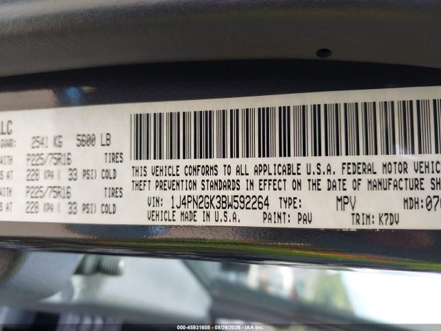 2011 Jeep Liberty Sport მანქანა იყიდება აუქციონზე, vin: 1J4PN2GK3BW592264, აუქციონის ნომერი: 45931608