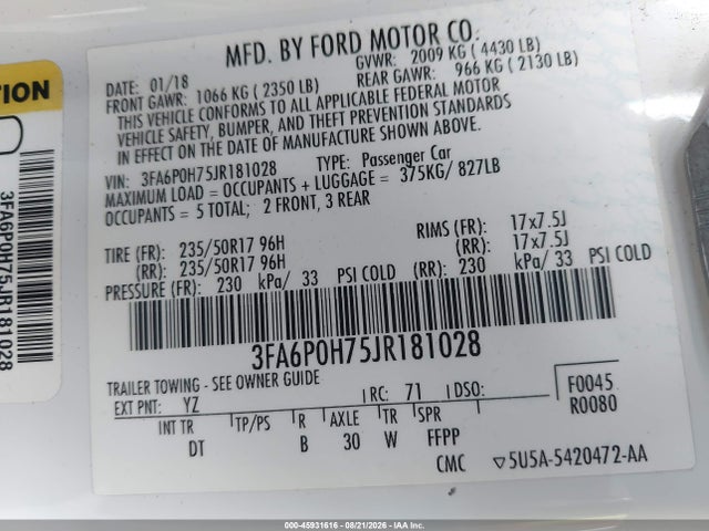 2018 Ford Fusion Se მანქანა იყიდება აუქციონზე, vin: 3FA6P0H75JR181028, აუქციონის ნომერი: 45931616