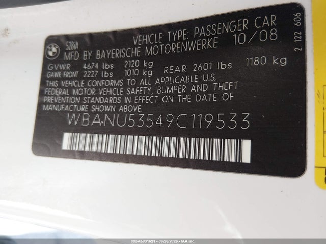 Aukcja sprzedaży 2009 Bmw 528i, vin: WBANU53549C119533, numer aukcji: 45931621