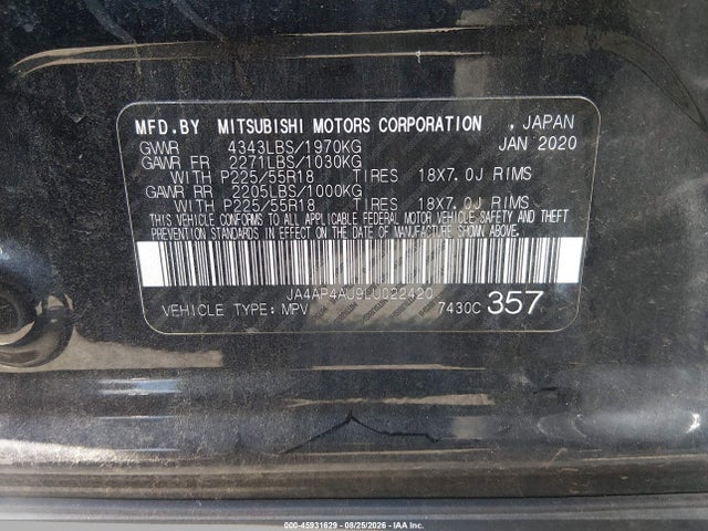 2020 Mitsubishi Outlander Sport 2.0 Se მანქანა იყიდება აუქციონზე, vin: JA4AP4AU9LU022420, აუქციონის ნომერი: 45931629