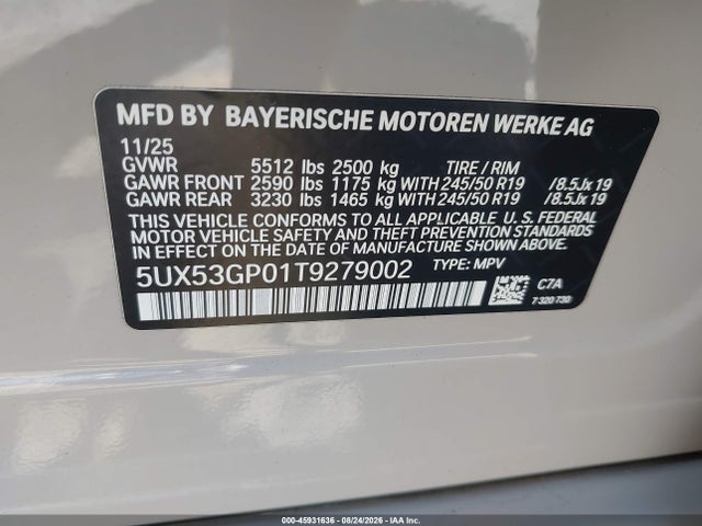 2026 Bmw X3 30 Xdrive მანქანა იყიდება აუქციონზე, vin: 5UX53GP01T9279002, აუქციონის ნომერი: 45931636