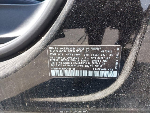 45931639 :رقم المزاد ، 1VWBP7A39DC015765 vin ، 2013 Volkswagen Passat 2.5l Se مزاد بيع