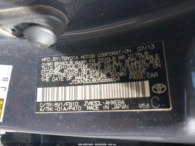 45931645 :رقم المزاد ، JTDKN3DU8D5666654 vin ، 2013 Toyota Prius مزاد بيع