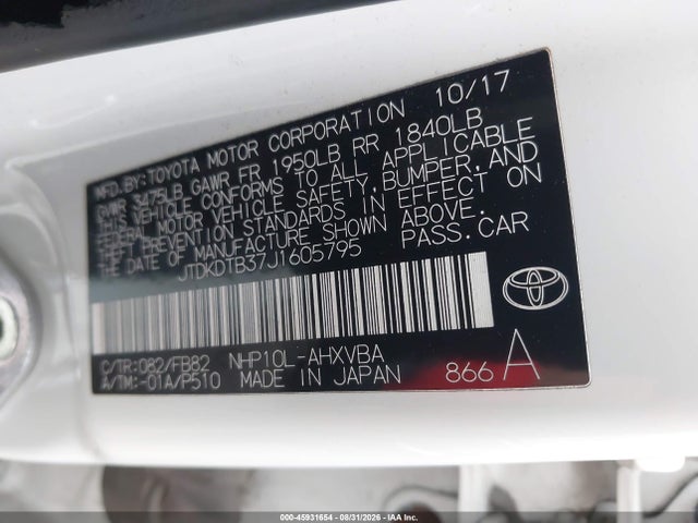 45931654 :رقم المزاد ، JTDKDTB37J1605795 vin ، 2018 Toyota Prius C Two مزاد بيع
