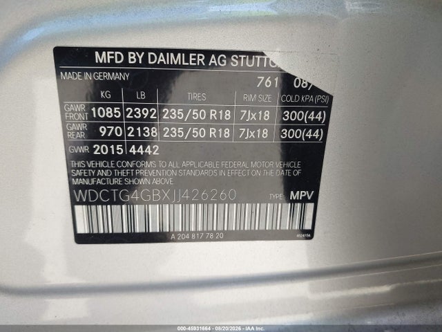 WDCTG4GBXJJ426260 Mercedes-Benz Gla 250 4matic