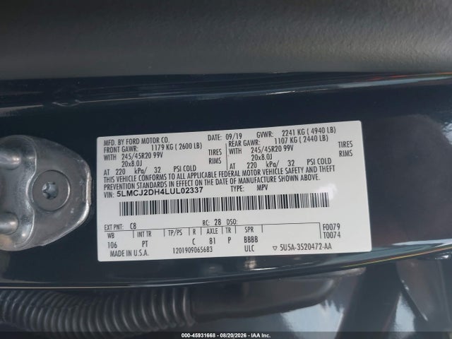 Продажа на аукционе авто 2020 Lincoln Corsair Reserve, vin: 5LMCJ2DH4LUL02337, номер лота: 45931668