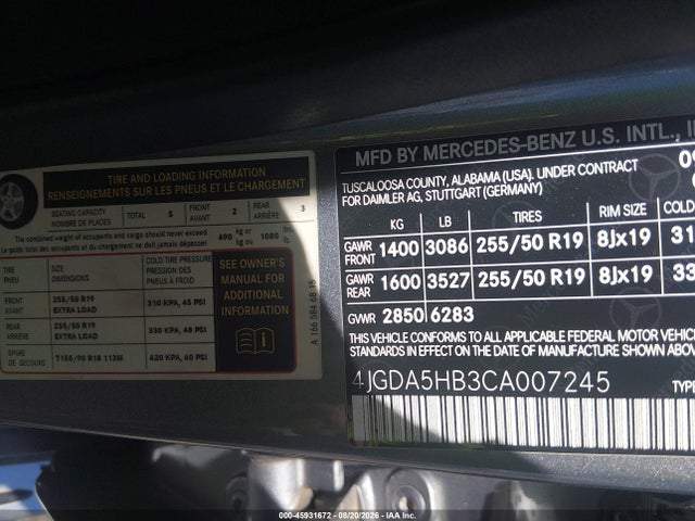 Продаж на аукціоні авто 2012 Mercedes-benz Ml 350 4matic, vin: 4JGDA5HB3CA007245, номер лоту: 45931672