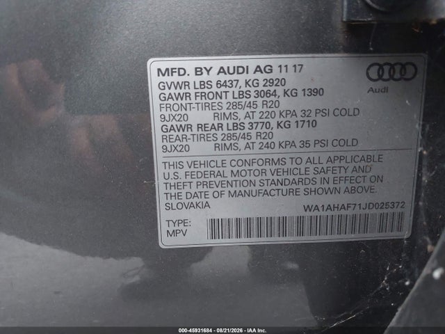 Продаж на аукціоні авто 2018 Audi Q7 2.0t Premium, vin: WA1AHAF71JD025372, номер лоту: 45931684