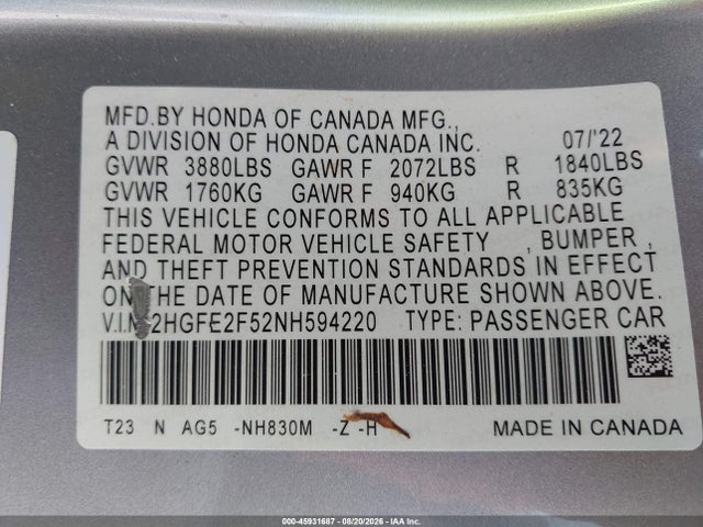 Продаж на аукціоні авто 2022 Honda Civic Sport, vin: 2HGFE2F52NH594220, номер лоту: 45931687