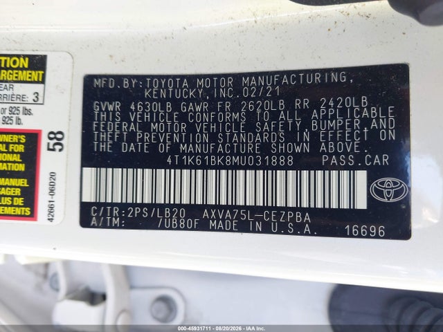 Aukcja sprzedaży 2021 Toyota Camry Xse Awd, vin: 4T1K61BK8MU031888, numer aukcji: 45931711