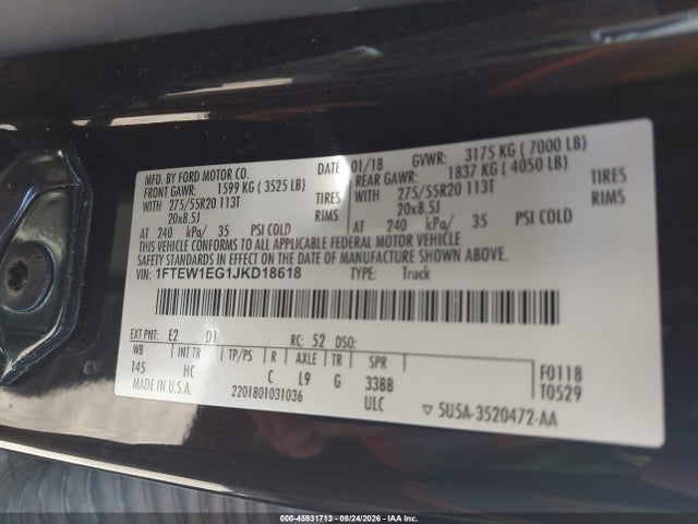 Продажа на аукционе авто 2018 Ford F-150 Lariat, vin: 1FTEW1EG1JKD18618, номер лота: 45931713